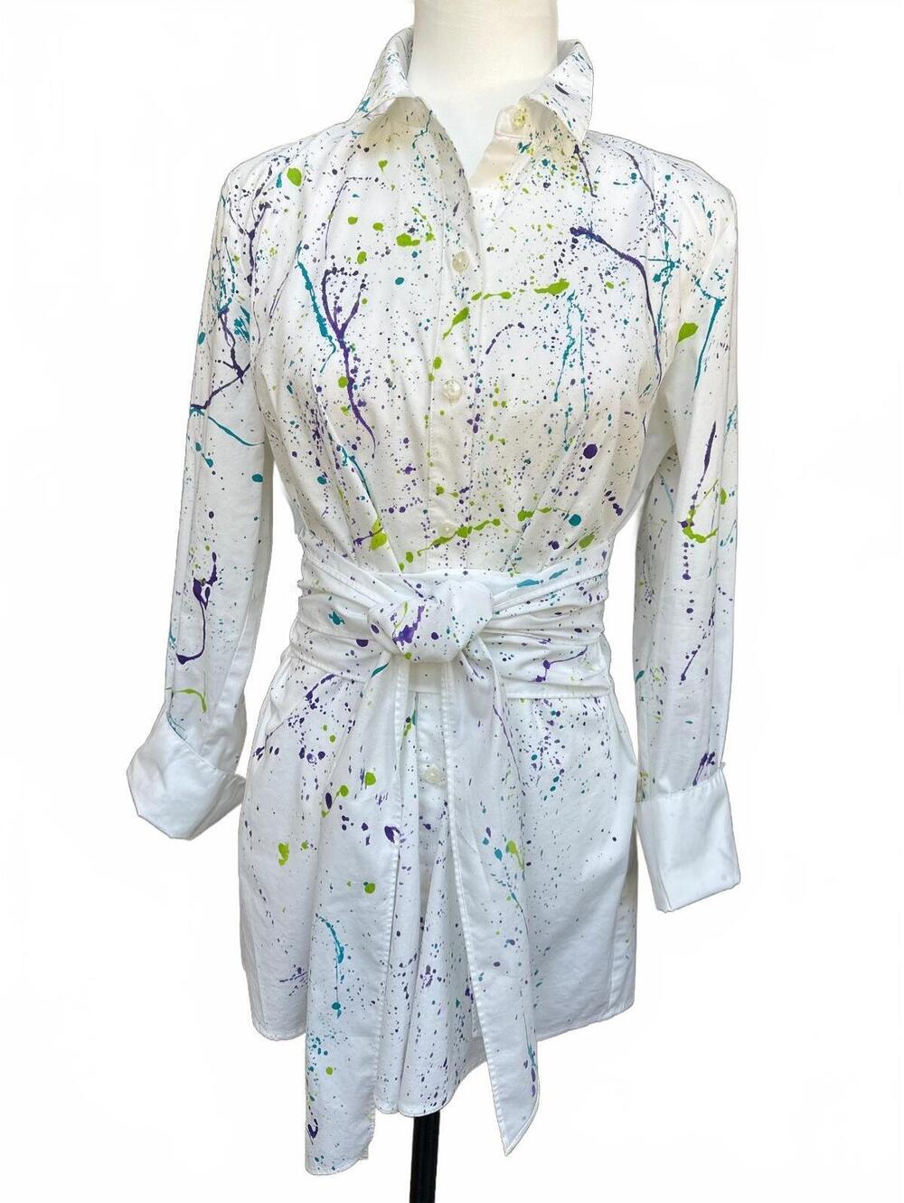 Upcycled White Shirt Dress Handpainted with Built In Waist Tie | Size S